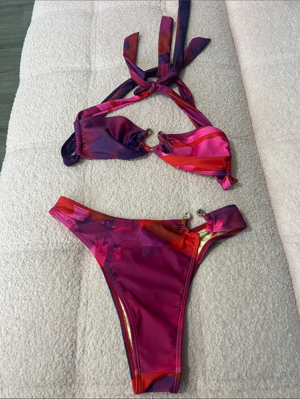 NWOT Fashion Nova Vibrant Pink, Purple & Red Tie-Halter Bikini Set XS